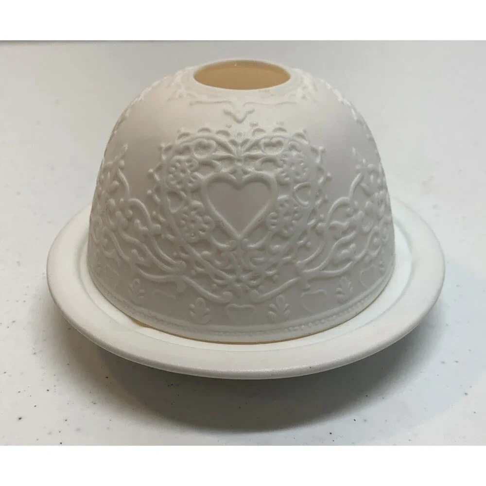 Vintage Lithophane  Porcelain Candle Tea Light Holder Heart Fairy Lamp